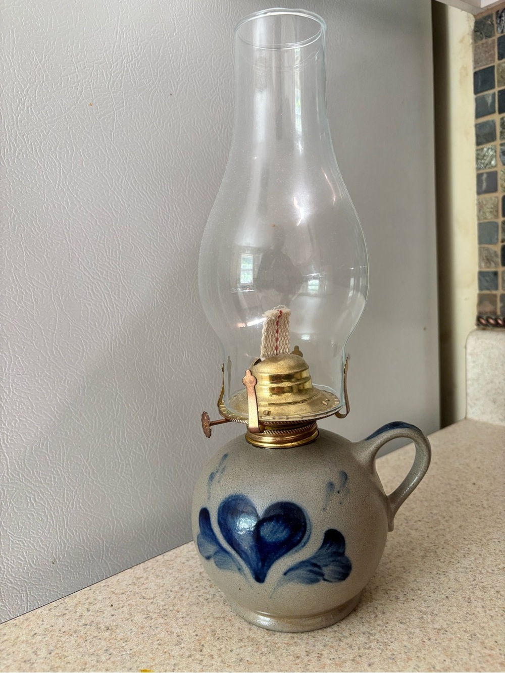 Vintage Row Pottery WorkBlue Heart Ceramic Lantern Oil Lamp - Rustic Home Accent